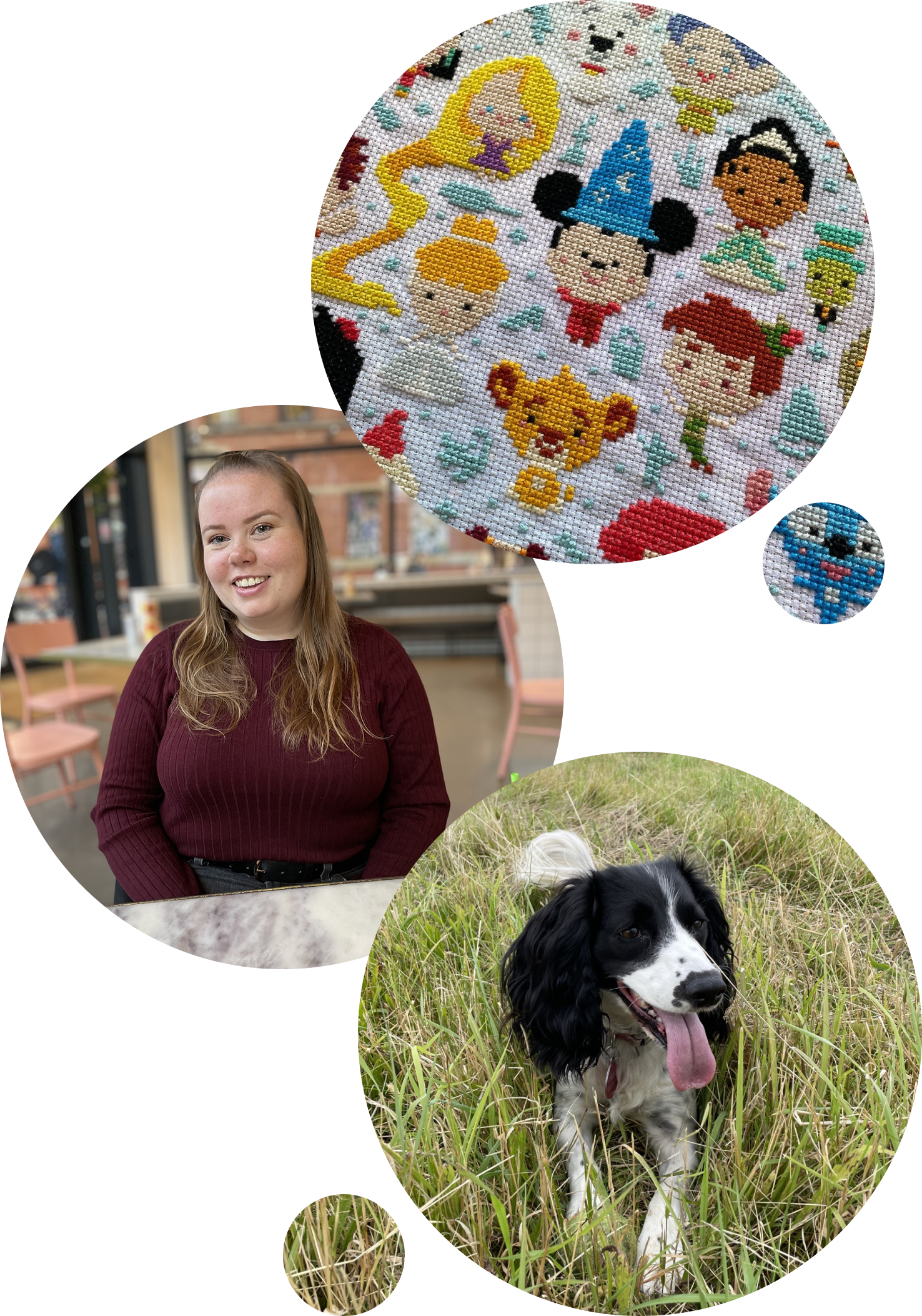 Image of Disney cross stitch, myself and my dog.